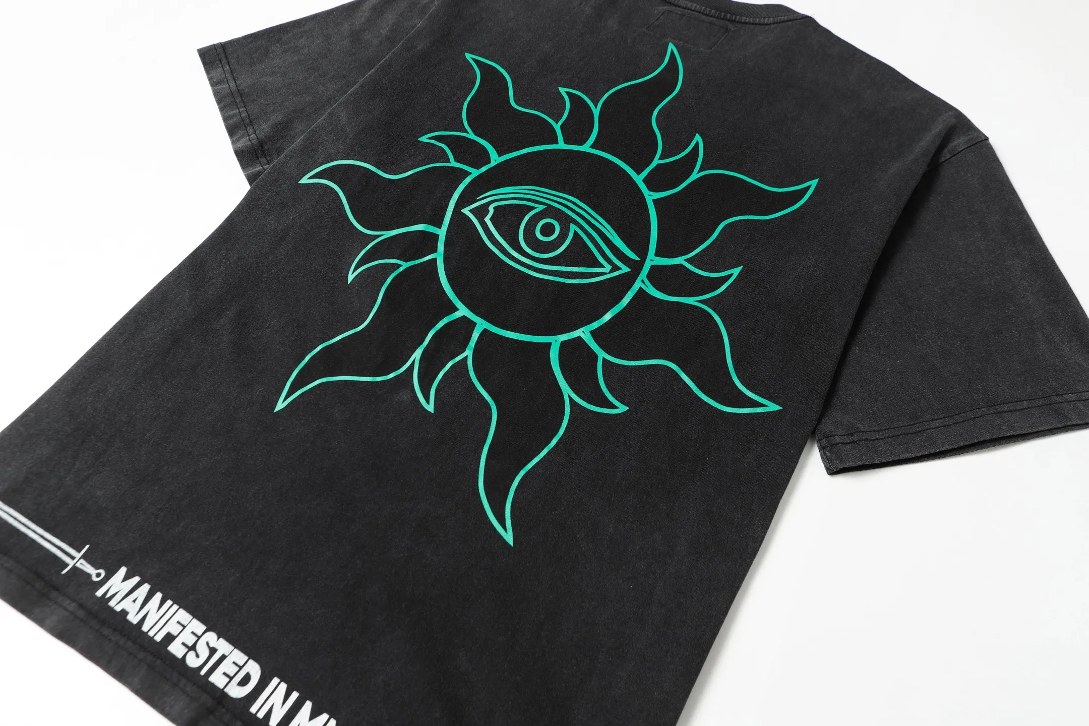6043#washed black｜P116 Godspeed cross-border American rock and roll street washed retro style short-sleeved T (craft printing) fabric (fabric): 32 count combed double yarn 250g weight size (size): S-M-L-XL color (colour): washed black 👉