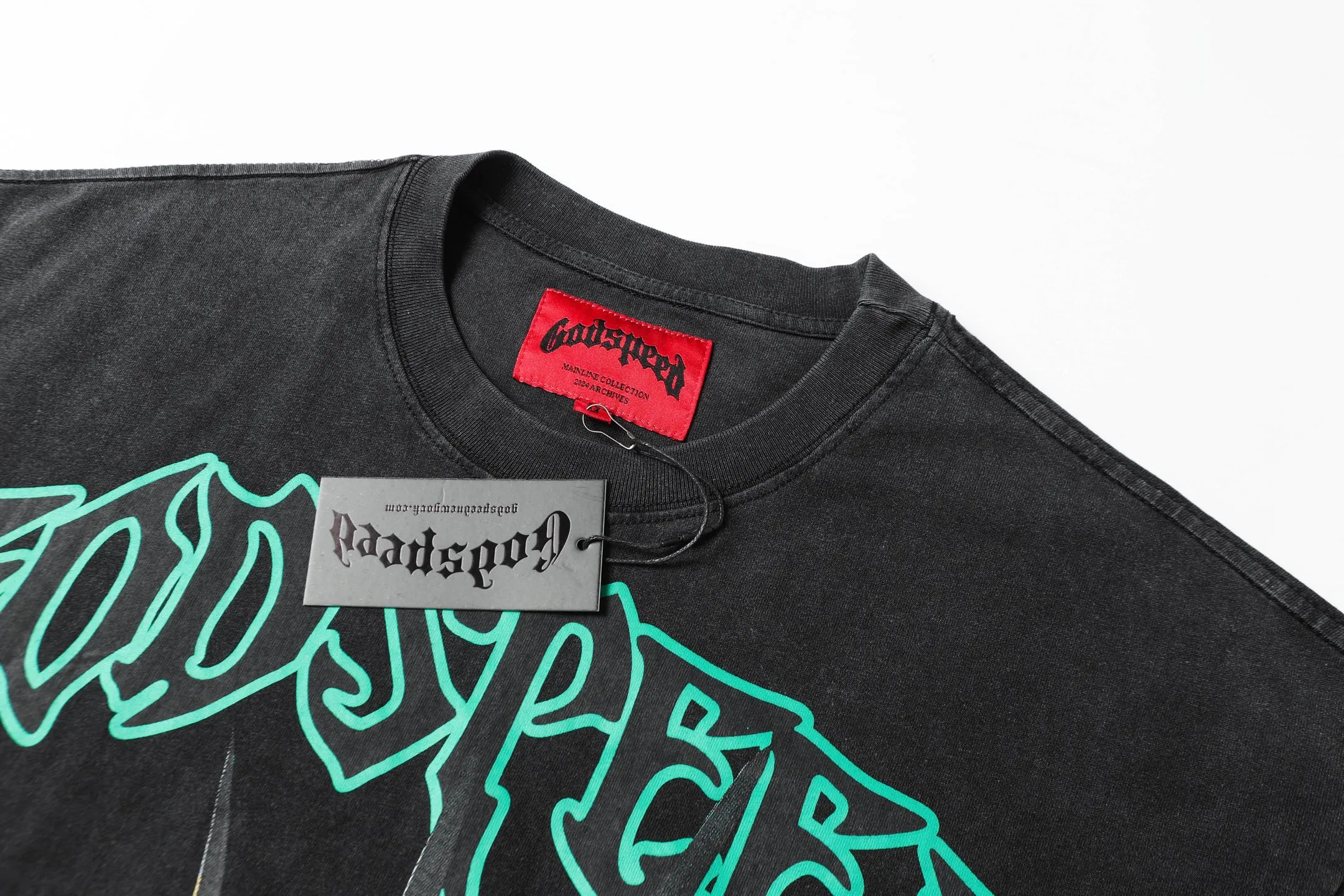 6043#washed black｜P116 Godspeed cross-border American rock and roll street washed retro style short-sleeved T (craft printing) fabric (fabric): 32 count combed double yarn 250g weight size (size): S-M-L-XL color (colour): washed black 👉