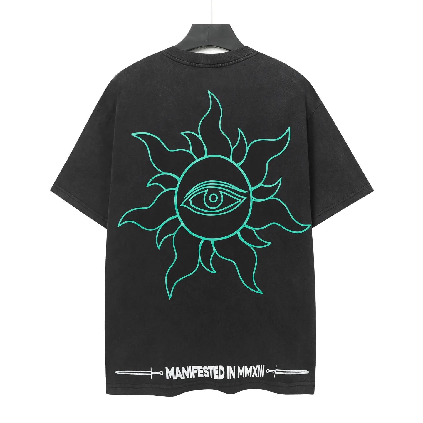 6043#washed black｜P116 Godspeed cross-border American rock and roll street washed retro style short-sleeved T (craft printing) fabric (fabric): 32 count combed double yarn 250g weight size (size): S-M-L-XL color (colour): washed black 👉