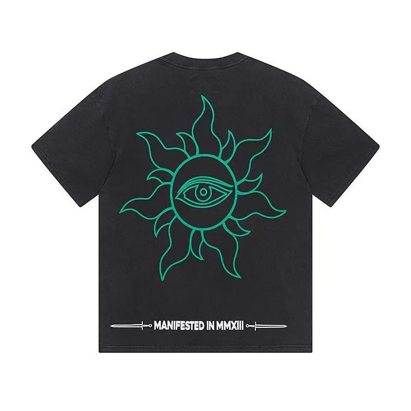 6043#washed black｜P116 Godspeed cross-border American rock and roll street washed retro style short-sleeved T (craft printing) fabric (fabric): 32 count combed double yarn 250g weight size (size): S-M-L-XL color (colour): washed black 👉