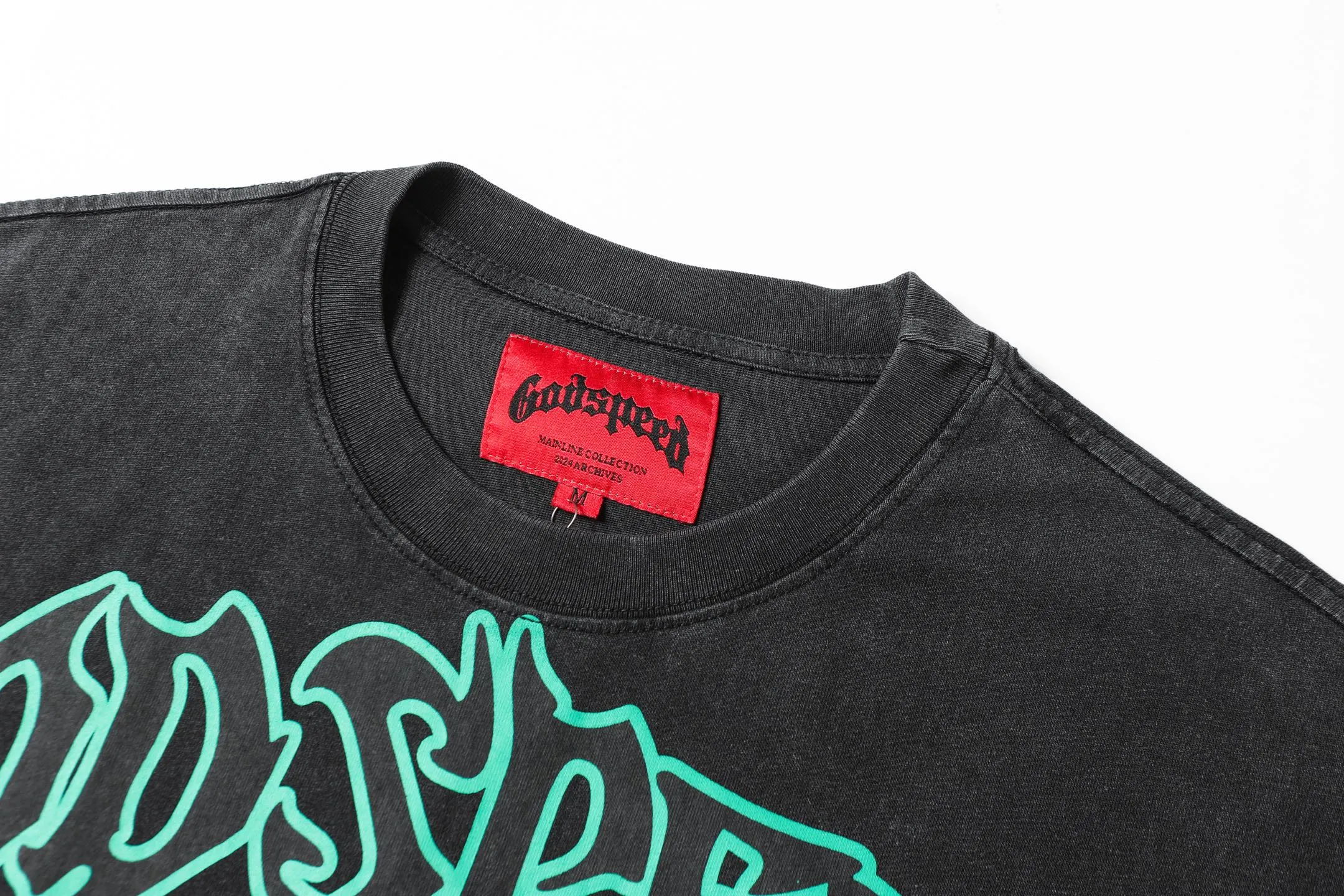 6043#washed black｜P116 Godspeed cross-border American rock and roll street washed retro style short-sleeved T (craft printing) fabric (fabric): 32 count combed double yarn 250g weight size (size): S-M-L-XL color (colour): washed black 👉