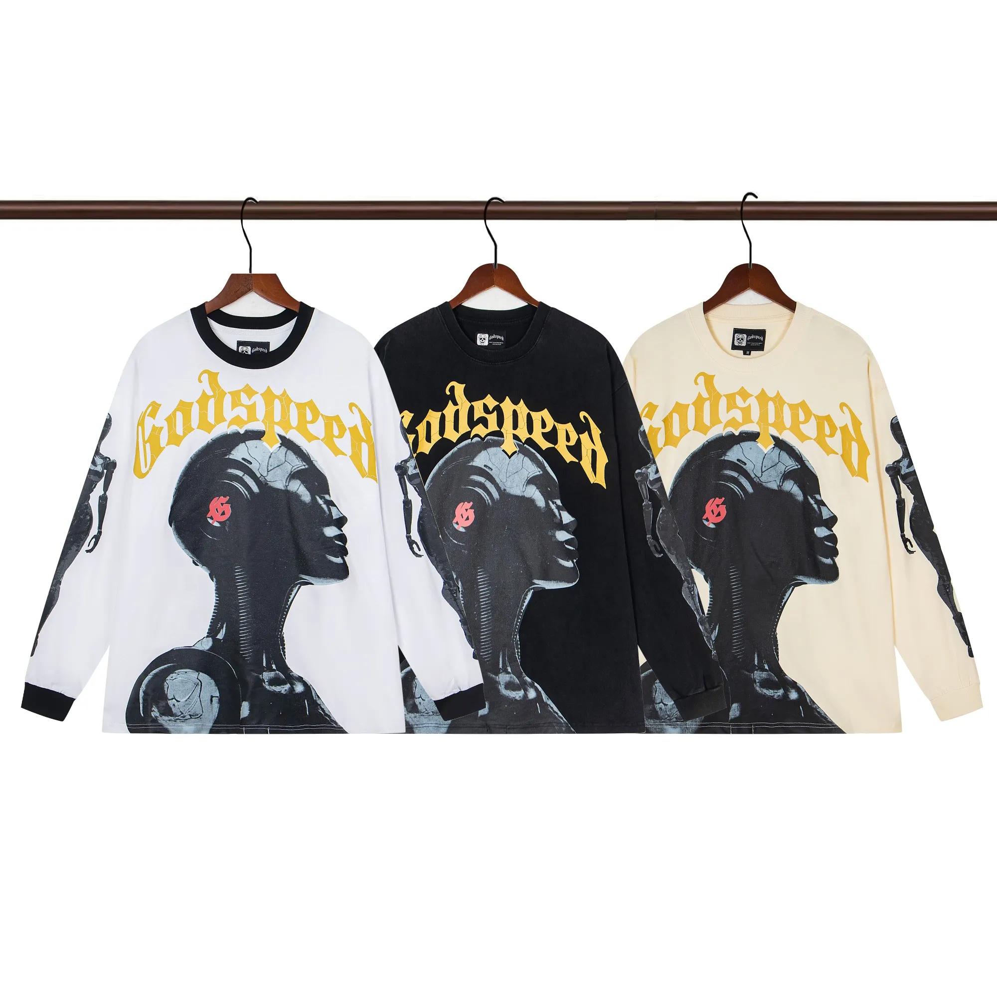 Style number G131 Washed black P156 Apricot white P136 Godspeed 25SS retro washed distressed long-sleeved T-shirt Loose fit Washed black Apricot white S-XL
