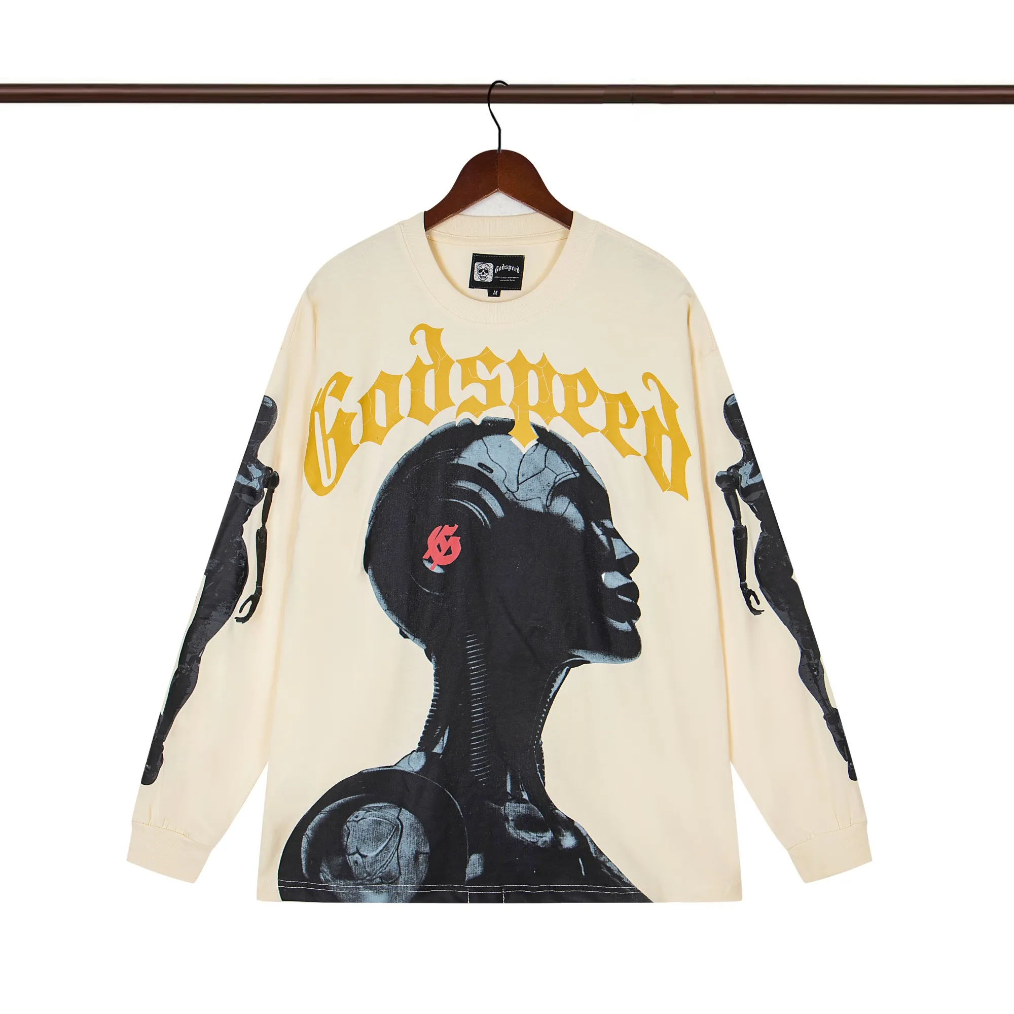 Style number G131 Washed black P156 Apricot white P136 Godspeed 25SS retro washed distressed long-sleeved T-shirt Loose fit Washed black Apricot white S-XL