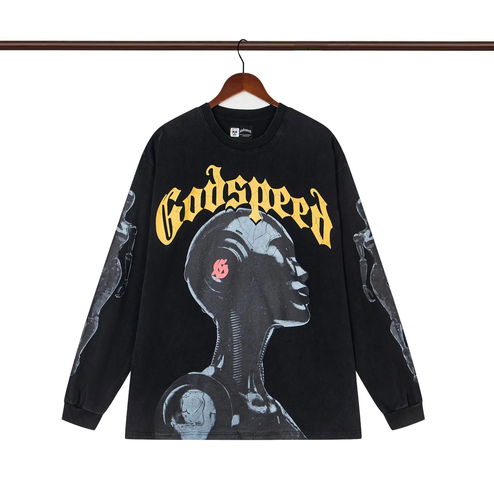 Style number G131 Washed black P156 Apricot white P136 Godspeed 25SS retro washed distressed long-sleeved T-shirt Loose fit Washed black Apricot white S-XL