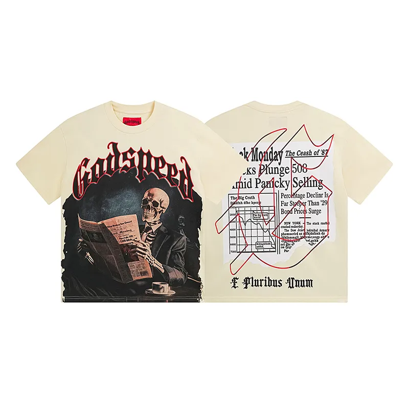3079# P110 Real shot Godspeed American fashion rock street retro loose printed cotton short sleeves Fabric: 240g 32 count fine cotton double yarn pure cotton Color: apricot Size: S M L XL