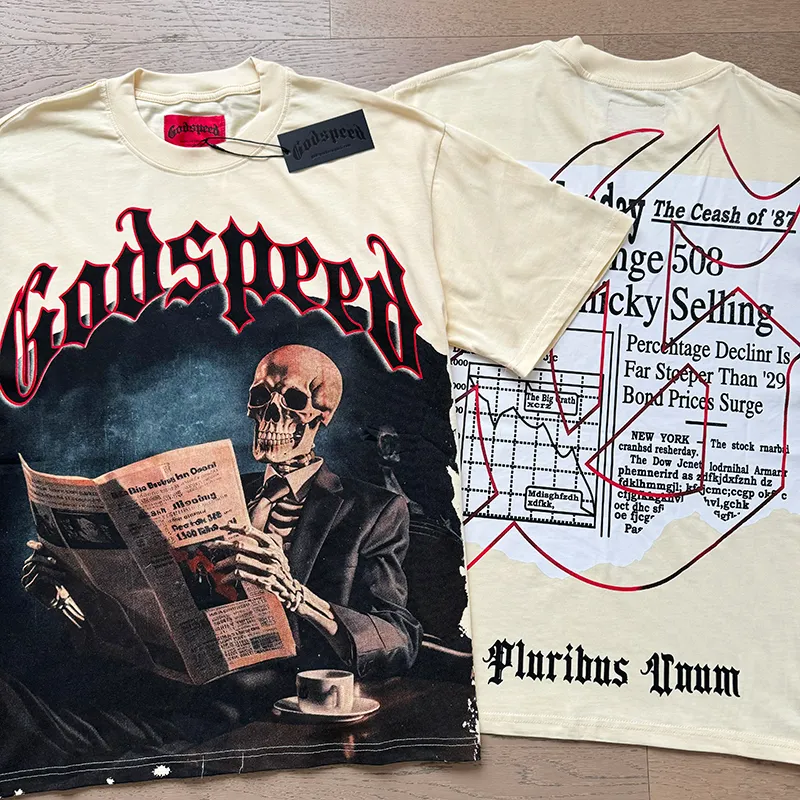 3079# P110 Real shot Godspeed American fashion rock street retro loose printed cotton short sleeves Fabric: 240g 32 count fine cotton double yarn pure cotton Color: apricot Size: S M L XL