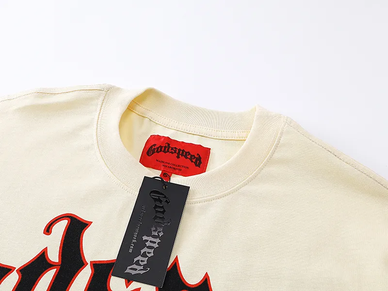 3079# P110 Real shot Godspeed American fashion rock street retro loose printed cotton short sleeves Fabric: 240g 32 count fine cotton double yarn pure cotton Color: apricot Size: S M L XL