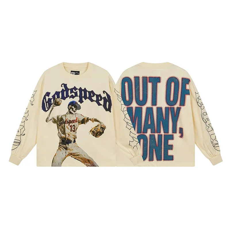 3158# P140 Real shot of Godspeed American fashion rock street pure cotton loose bottoming long-sleeved T-shirt long T. Fabric: 270g 32 count fine cotton double yarn pure cotton Color: Apricot Code number: S M L XL