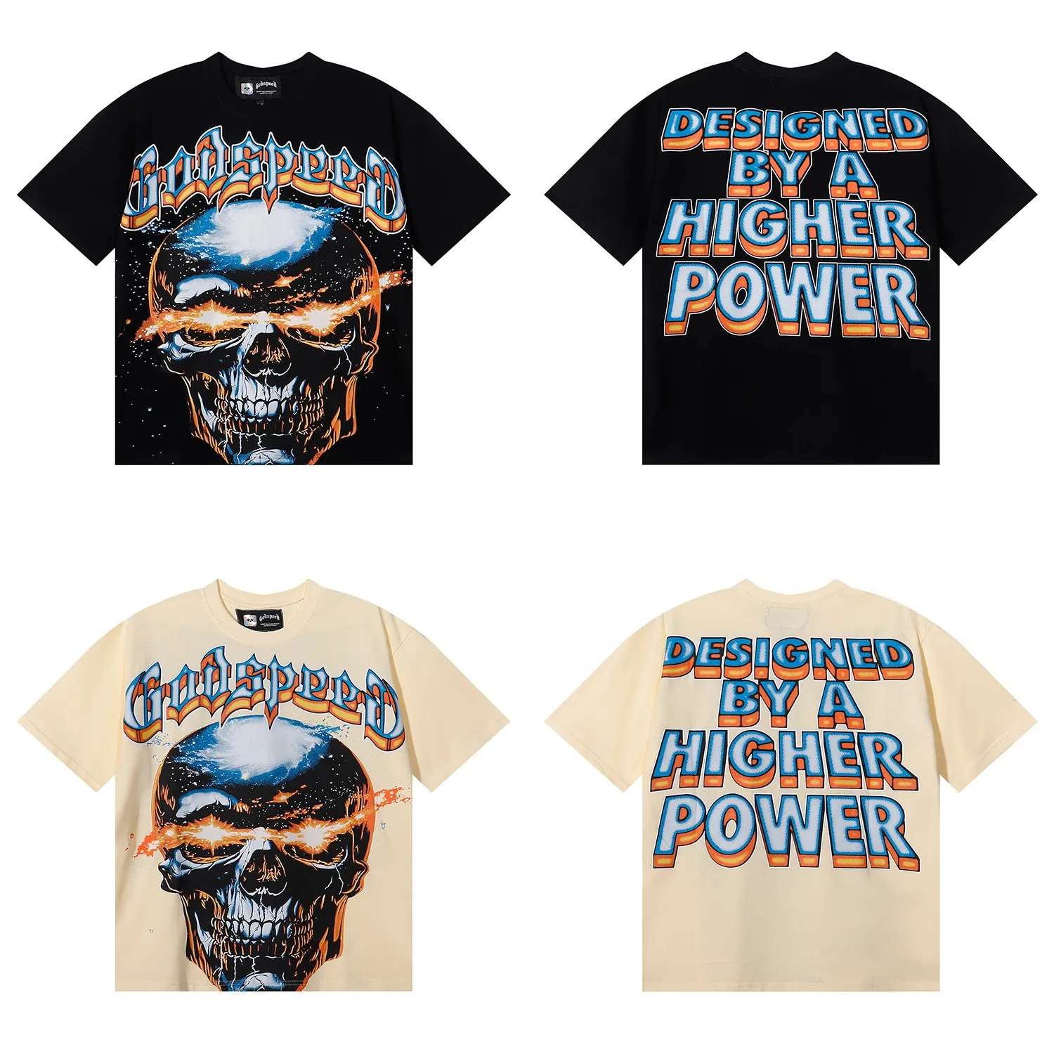 No. 7079, American fashion Godspeed interstellar shock skull print high quality double yarn pure cotton casual short-sleeved T-shirt batch 110 Color: black, apricot; Size: S M L XL