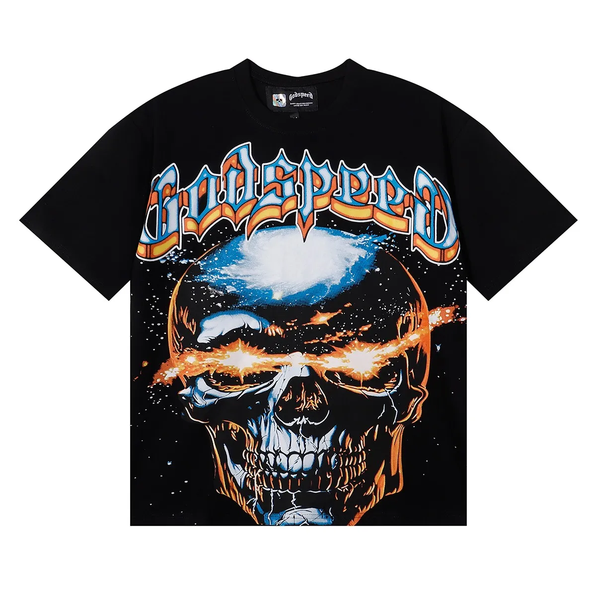No. 7079, American fashion Godspeed interstellar shock skull print high quality double yarn pure cotton casual short-sleeved T-shirt batch 110 Color: black, apricot; Size: S M L XL