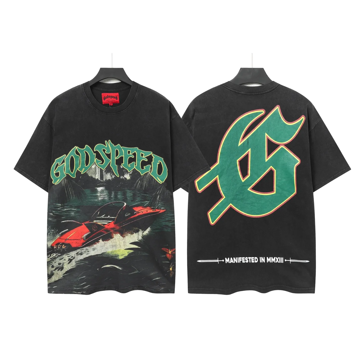 6047# Washed Black｜P116 Godspeed cross-border American rock and roll street washed retro style short-sleeved T (craft print) Fabric (fabric): 32 count combed double yarn 250 grams weight Size (size): S-M-L-XL Color (colour): Washed black 👉