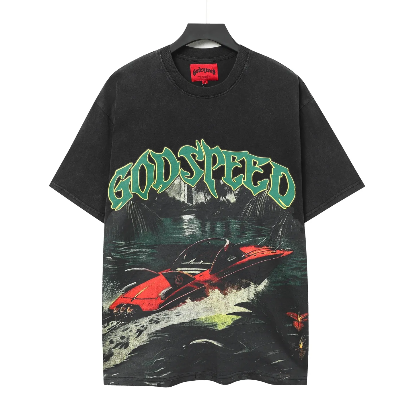 6047# Washed Black｜P116 Godspeed cross-border American rock and roll street washed retro style short-sleeved T (craft print) Fabric (fabric): 32 count combed double yarn 250 grams weight Size (size): S-M-L-XL Color (colour): Washed black 👉