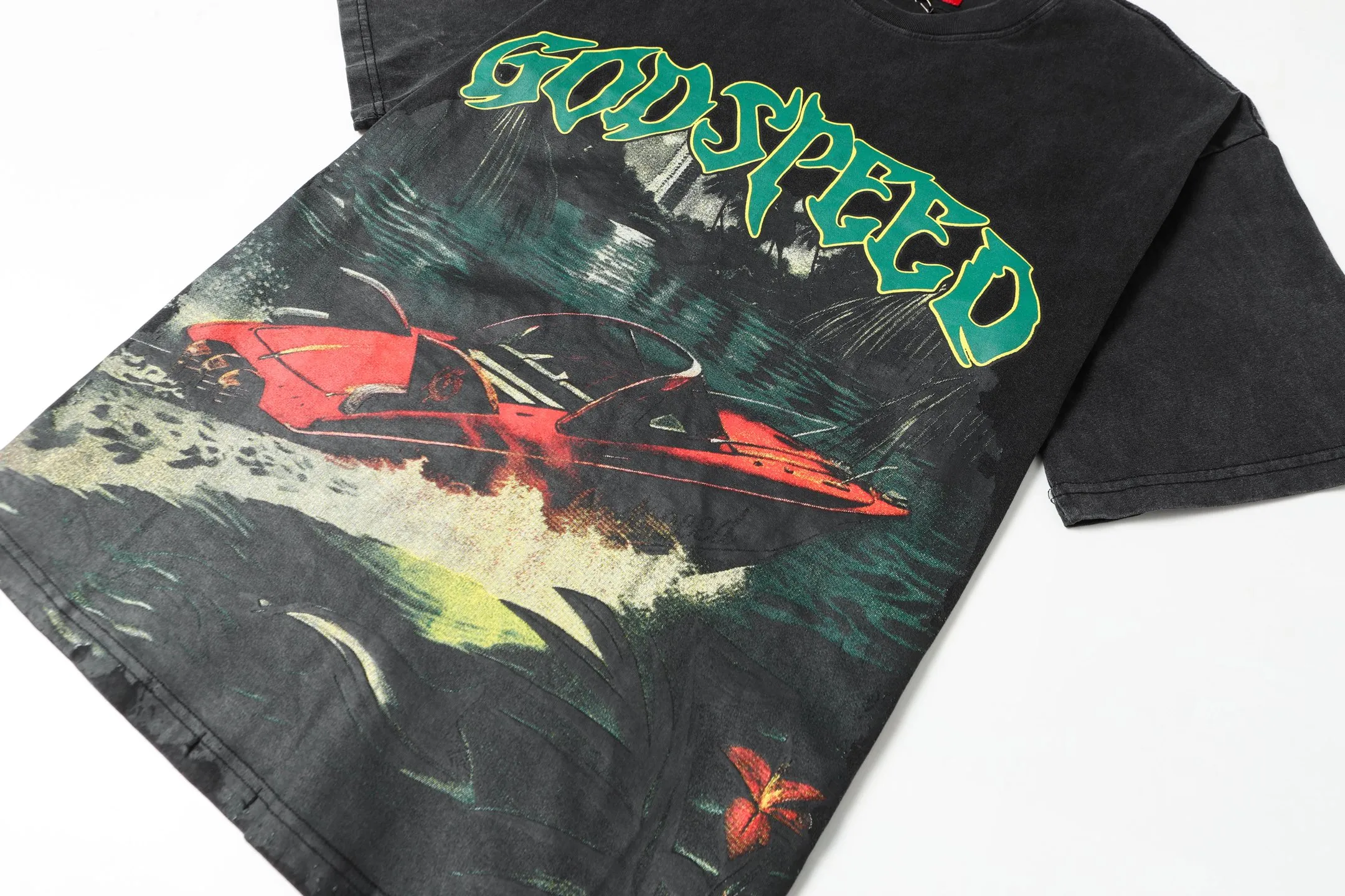 6047# Washed Black｜P116 Godspeed cross-border American rock and roll street washed retro style short-sleeved T (craft print) Fabric (fabric): 32 count combed double yarn 250 grams weight Size (size): S-M-L-XL Color (colour): Washed black 👉