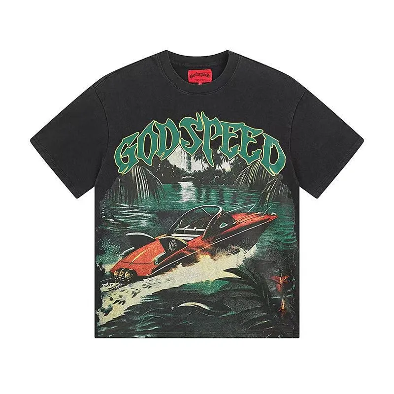 6047# Washed Black｜P116 Godspeed cross-border American rock and roll street washed retro style short-sleeved T (craft print) Fabric (fabric): 32 count combed double yarn 250 grams weight Size (size): S-M-L-XL Color (colour): Washed black 👉