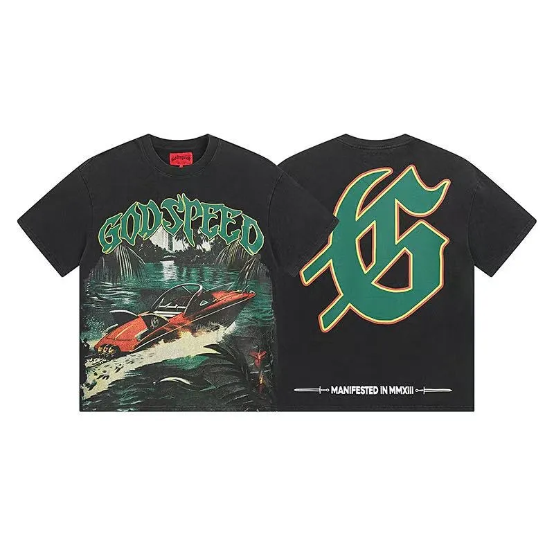 6047# Washed Black｜P116 Godspeed cross-border American rock and roll street washed retro style short-sleeved T (craft print) Fabric (fabric): 32 count combed double yarn 250 grams weight Size (size): S-M-L-XL Color (colour): Washed black 👉