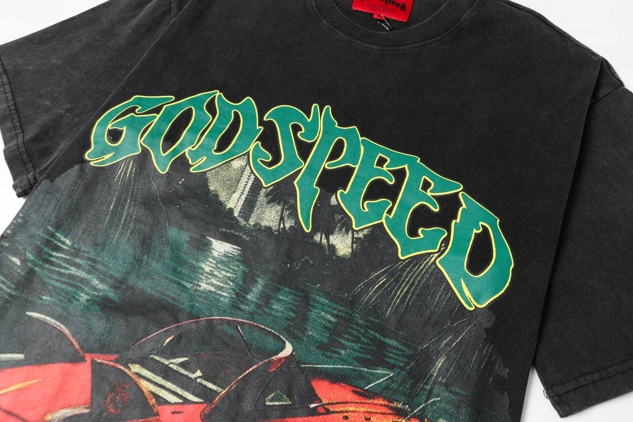 6047# Washed Black｜P116 Godspeed cross-border American rock and roll street washed retro style short-sleeved T (craft print) Fabric (fabric): 32 count combed double yarn 250 grams weight Size (size): S-M-L-XL Color (colour): Washed black 👉