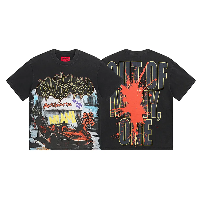 1071# P126 Washed Black Real Shot Godspeed American Fashion Rock Street Retro Washed Distressed Printed Cotton Short Sleeves Fabric: 250g 32 Count Fine Cotton Double Yarn Pure Cotton Color: Washed Black Size: S M L XL
