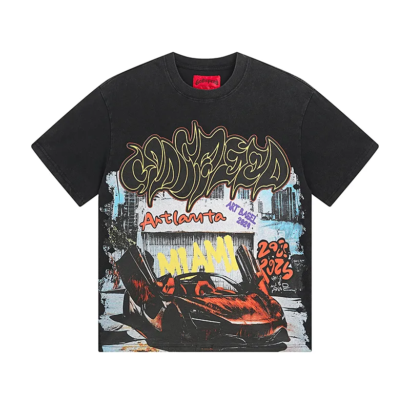 1071# P126 Washed Black Real Shot Godspeed American Fashion Rock Street Retro Washed Distressed Printed Cotton Short Sleeves Fabric: 250g 32 Count Fine Cotton Double Yarn Pure Cotton Color: Washed Black Size: S M L XL