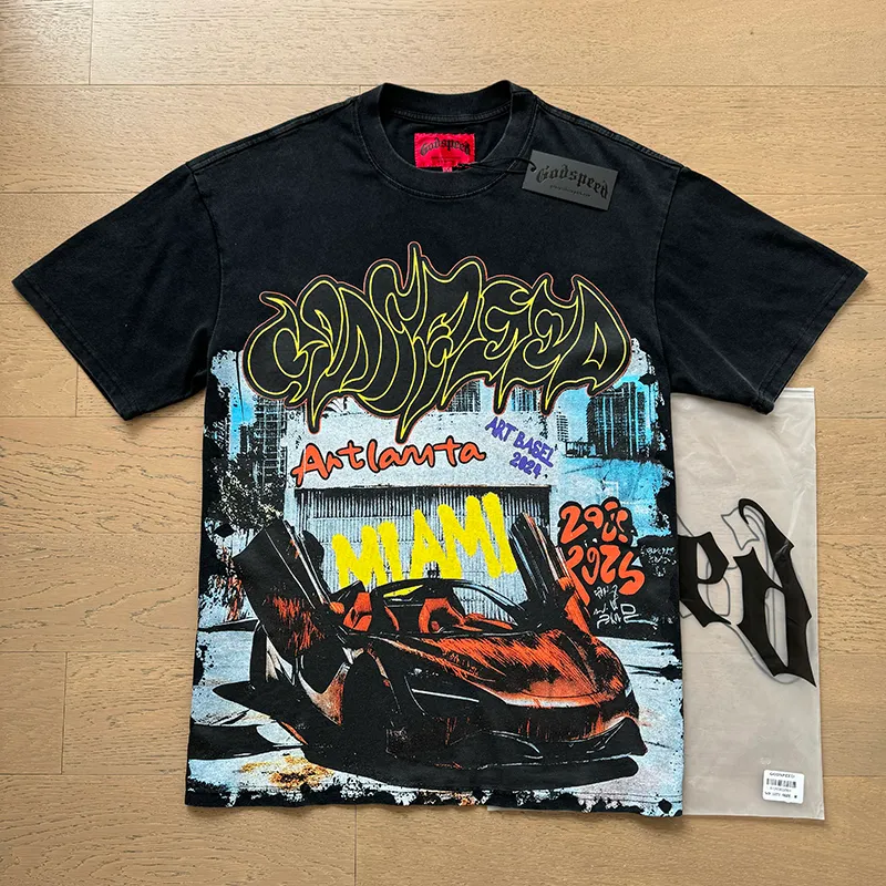 1071# P126 Washed Black Real Shot Godspeed American Fashion Rock Street Retro Washed Distressed Printed Cotton Short Sleeves Fabric: 250g 32 Count Fine Cotton Double Yarn Pure Cotton Color: Washed Black Size: S M L XL