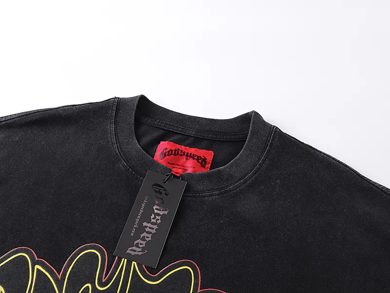 1071# P126 Washed Black Real Shot Godspeed American Fashion Rock Street Retro Washed Distressed Printed Cotton Short Sleeves Fabric: 250g 32 Count Fine Cotton Double Yarn Pure Cotton Color: Washed Black Size: S M L XL