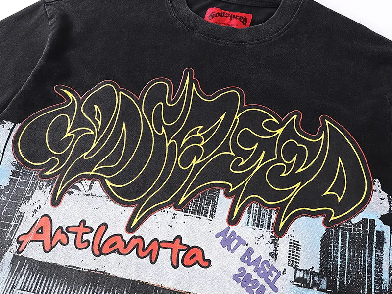 1071# P126 Washed Black Real Shot Godspeed American Fashion Rock Street Retro Washed Distressed Printed Cotton Short Sleeves Fabric: 250g 32 Count Fine Cotton Double Yarn Pure Cotton Color: Washed Black Size: S M L XL
