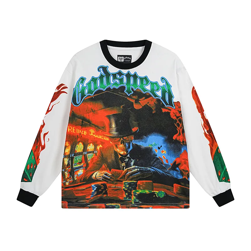 3099# P140 Real shot of Godspeed American fashion rock street pure cotton loose bottoming long-sleeved T-shirt long T-shirt Fabric: 270g 32-count fine cotton double yarn pure cotton Color: off-white apricot Code number: S M L XL