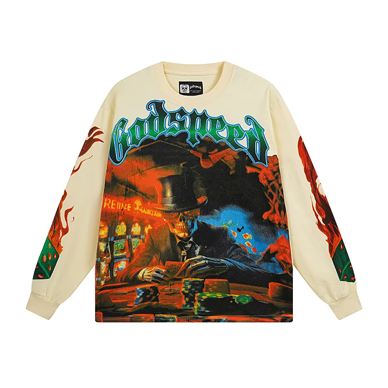 3099# P140 Real shot of Godspeed American fashion rock street pure cotton loose bottoming long-sleeved T-shirt long T-shirt Fabric: 270g 32-count fine cotton double yarn pure cotton Color: off-white apricot Code number: S M L XL