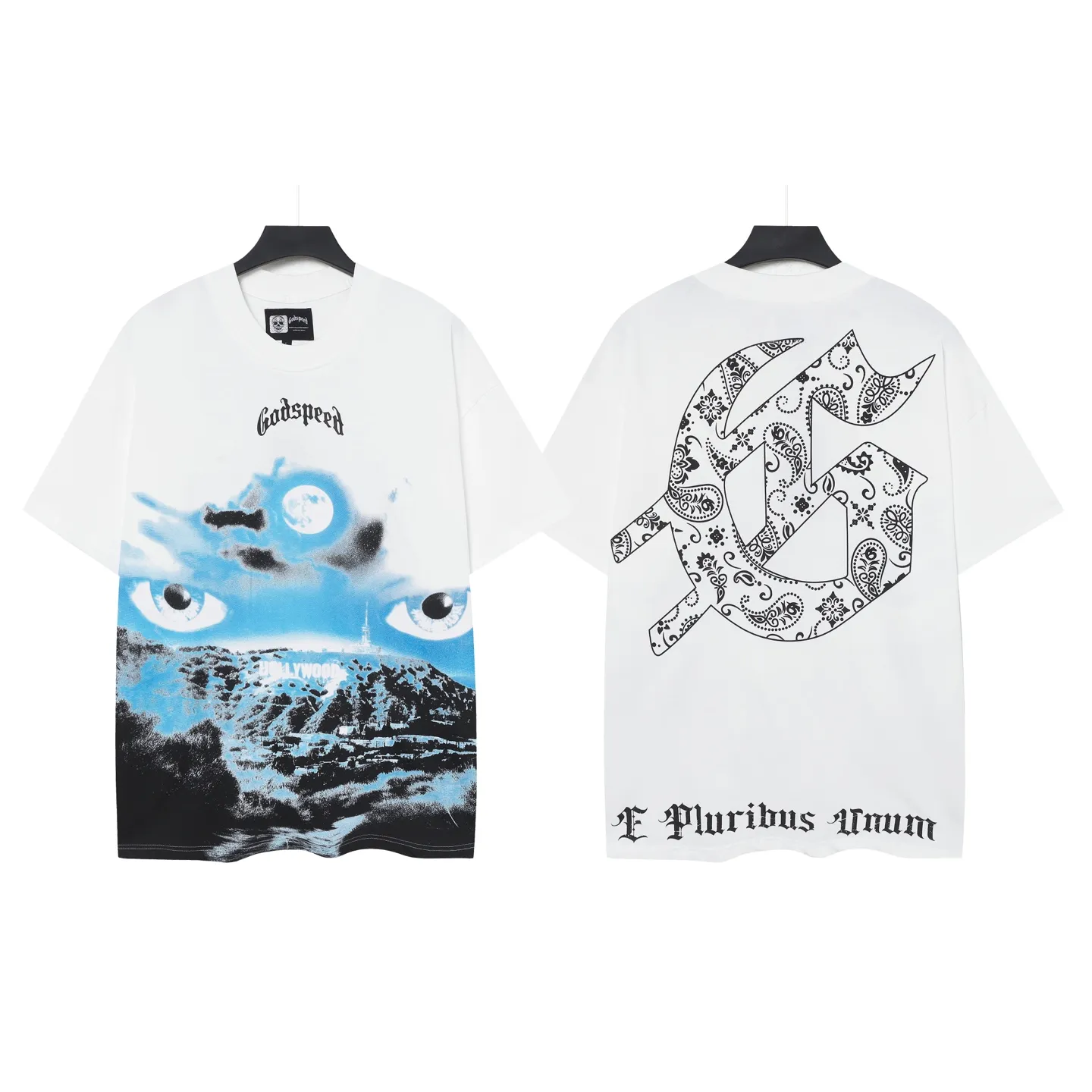 5076# White | P104 Godspeed cross-border American rock and roll street washed retro style short-sleeved T (craft printing) fabric (fabric): 32-count combed double yarn 240 grams weight code number (size): S-M-L-XL color (colour): white