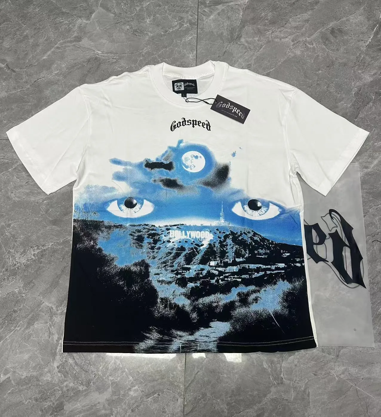 5076# White | P104 Godspeed cross-border American rock and roll street washed retro style short-sleeved T (craft printing) fabric (fabric): 32-count combed double yarn 240 grams weight code number (size): S-M-L-XL color (colour): white