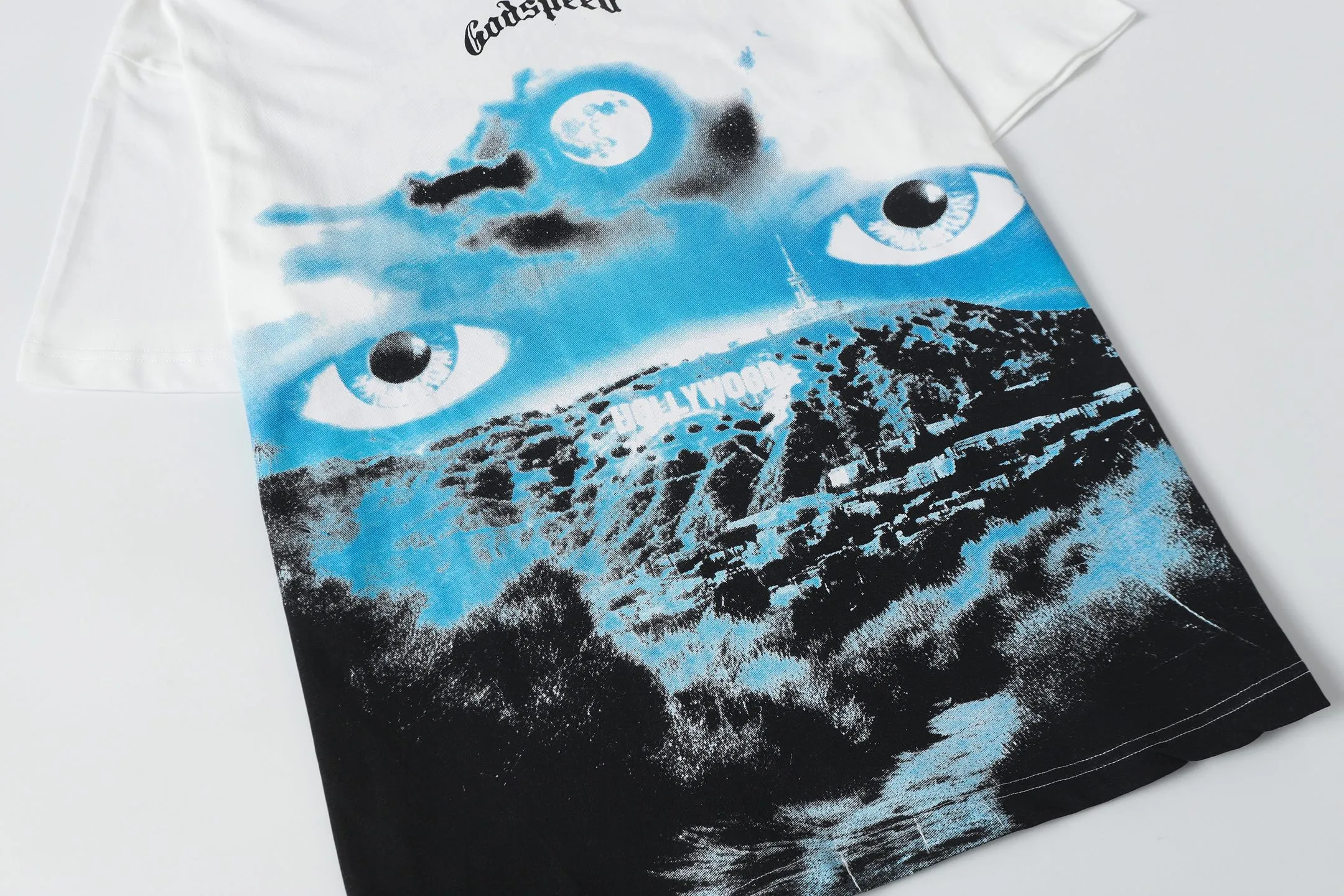 5076# White | P104 Godspeed cross-border American rock and roll street washed retro style short-sleeved T (craft printing) fabric (fabric): 32-count combed double yarn 240 grams weight code number (size): S-M-L-XL color (colour): white