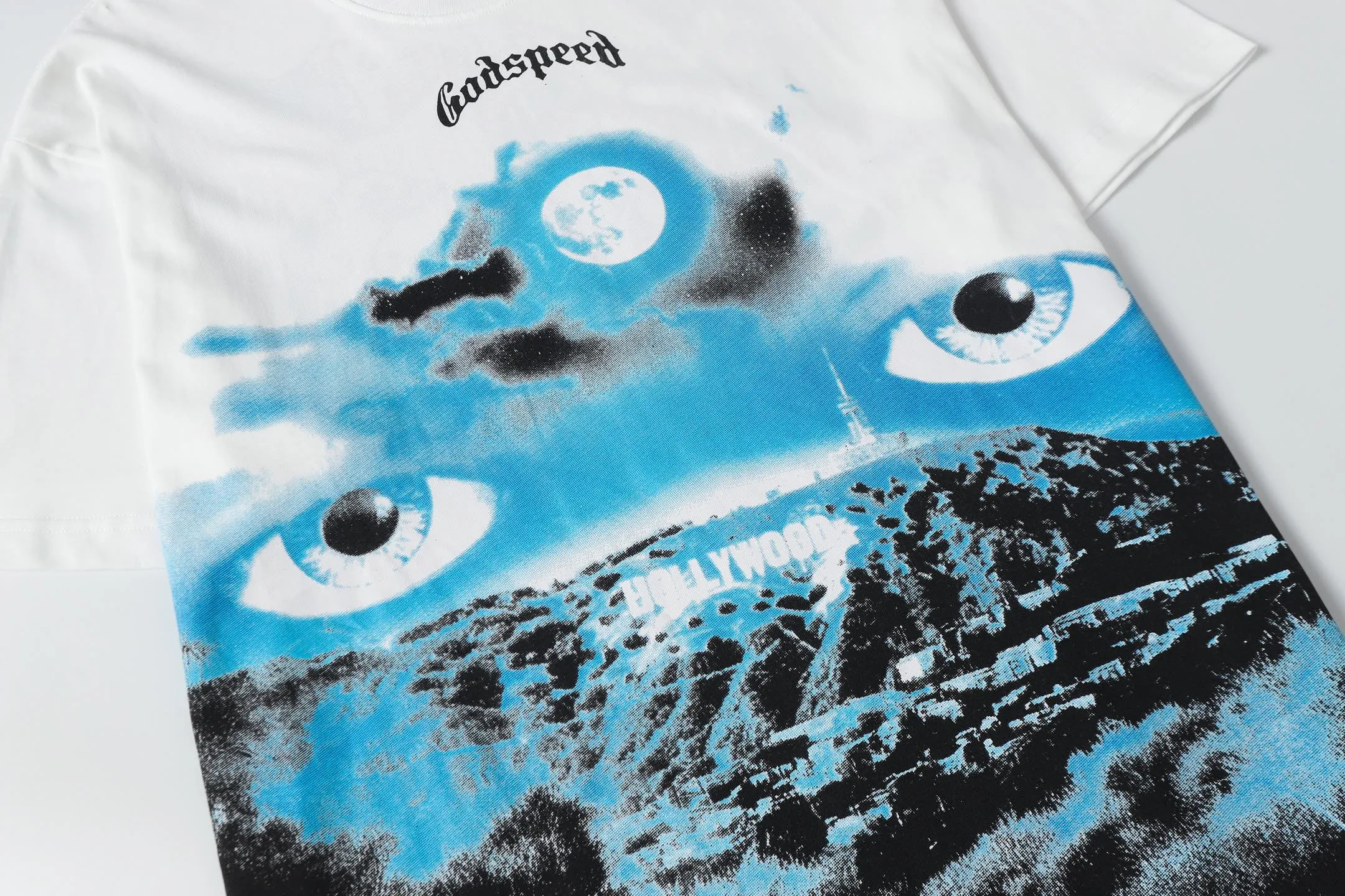5076# White | P104 Godspeed cross-border American rock and roll street washed retro style short-sleeved T (craft printing) fabric (fabric): 32-count combed double yarn 240 grams weight code number (size): S-M-L-XL color (colour): white