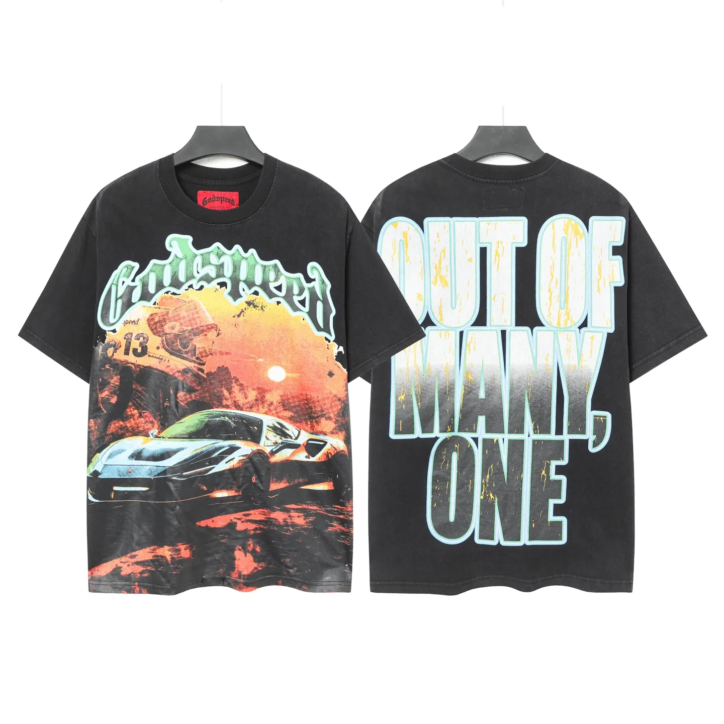 6016#washed black｜P116 Godspeed cross-border American rock and roll street washed retro style short-sleeved T (craft printing) fabric (fabric): 32 count combed double yarn 250g weight code number (size): S-M-L-XL color (colour): washed black