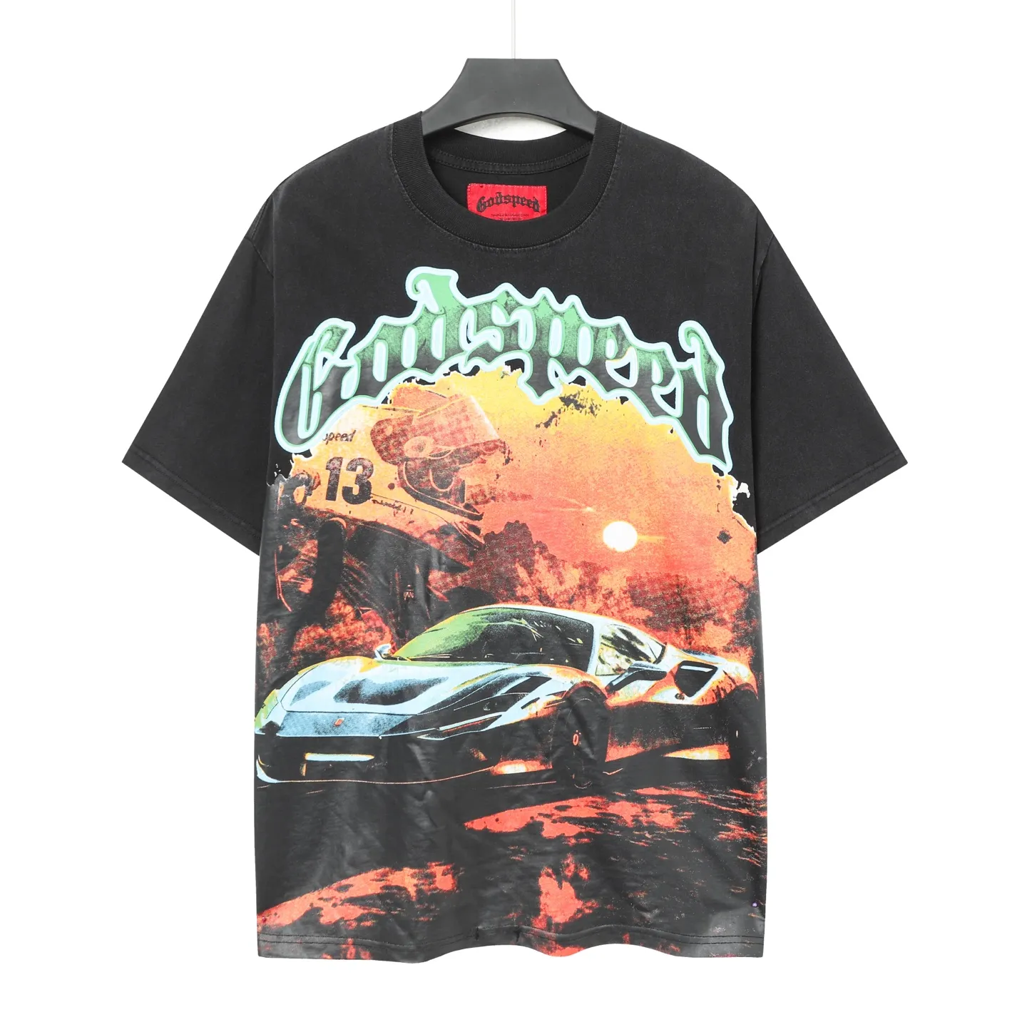 6016#washed black｜P116 Godspeed cross-border American rock and roll street washed retro style short-sleeved T (craft printing) fabric (fabric): 32 count combed double yarn 250g weight code number (size): S-M-L-XL color (colour): washed black