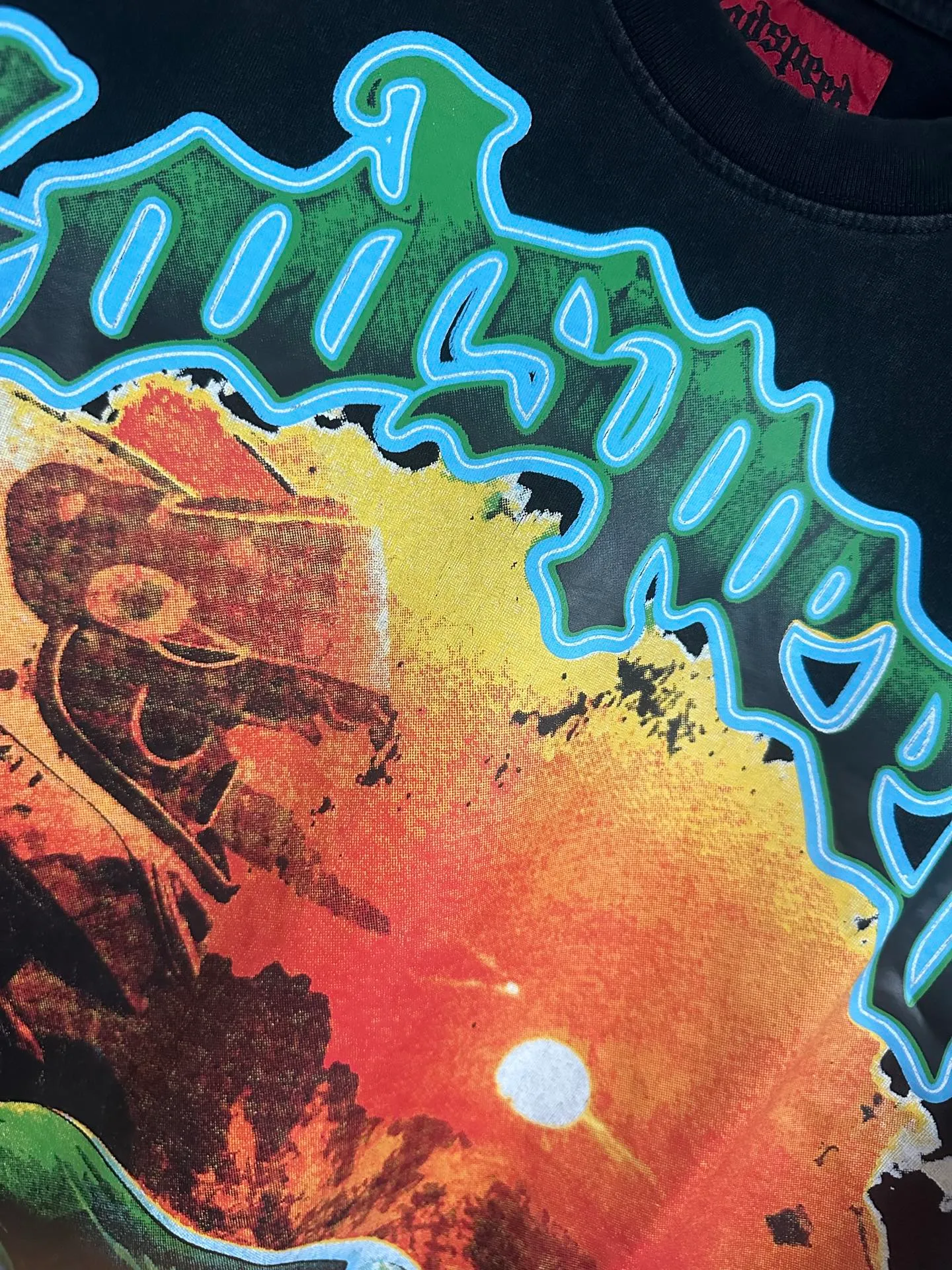 6016#washed black｜P116 Godspeed cross-border American rock and roll street washed retro style short-sleeved T (craft printing) fabric (fabric): 32 count combed double yarn 250g weight code number (size): S-M-L-XL color (colour): washed black