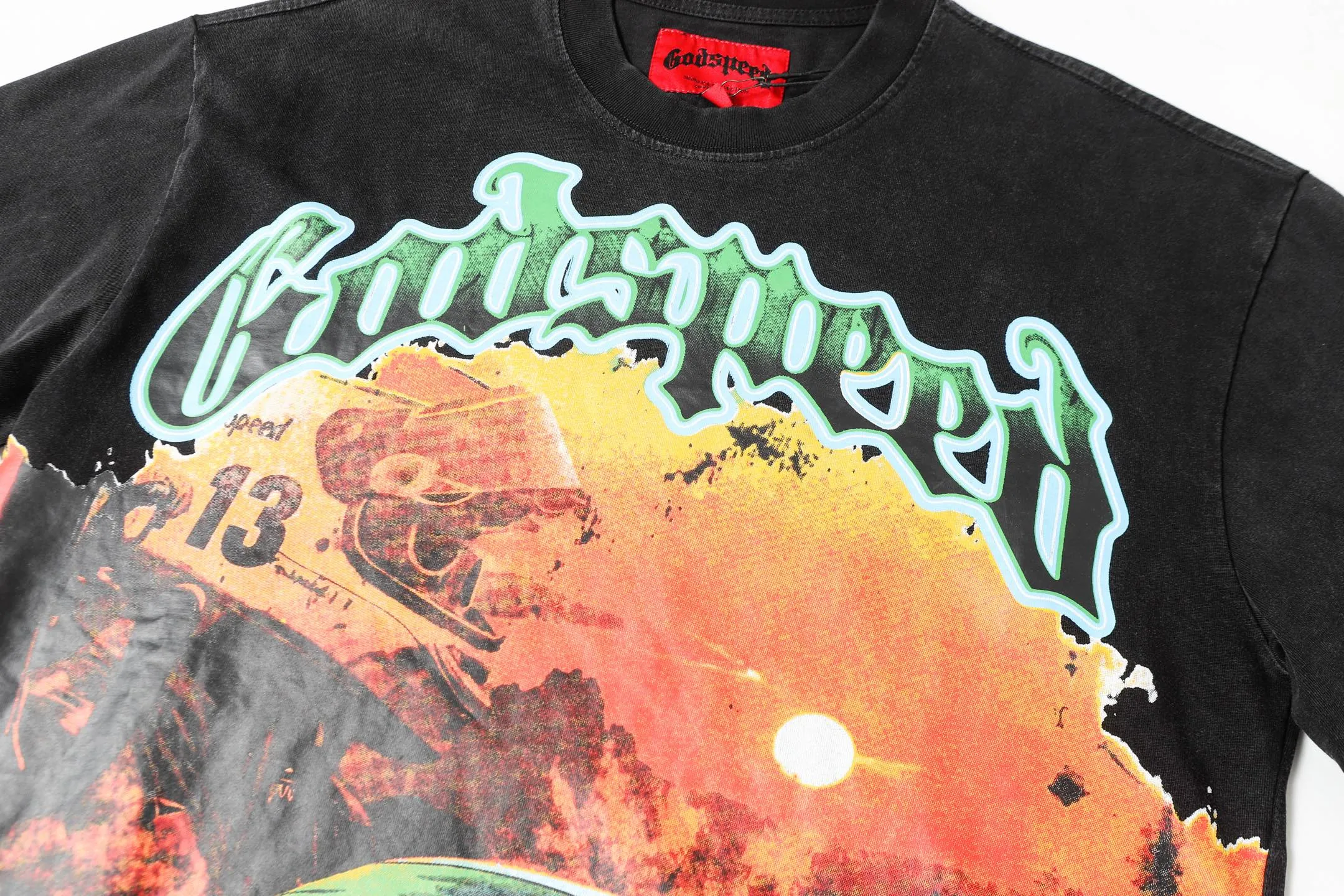 6016#washed black｜P116 Godspeed cross-border American rock and roll street washed retro style short-sleeved T (craft printing) fabric (fabric): 32 count combed double yarn 250g weight code number (size): S-M-L-XL color (colour): washed black