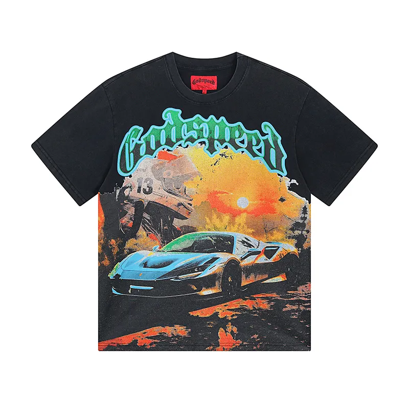 6016#washed black｜P116 Godspeed cross-border American rock and roll street washed retro style short-sleeved T (craft printing) fabric (fabric): 32 count combed double yarn 250g weight code number (size): S-M-L-XL color (colour): washed black
