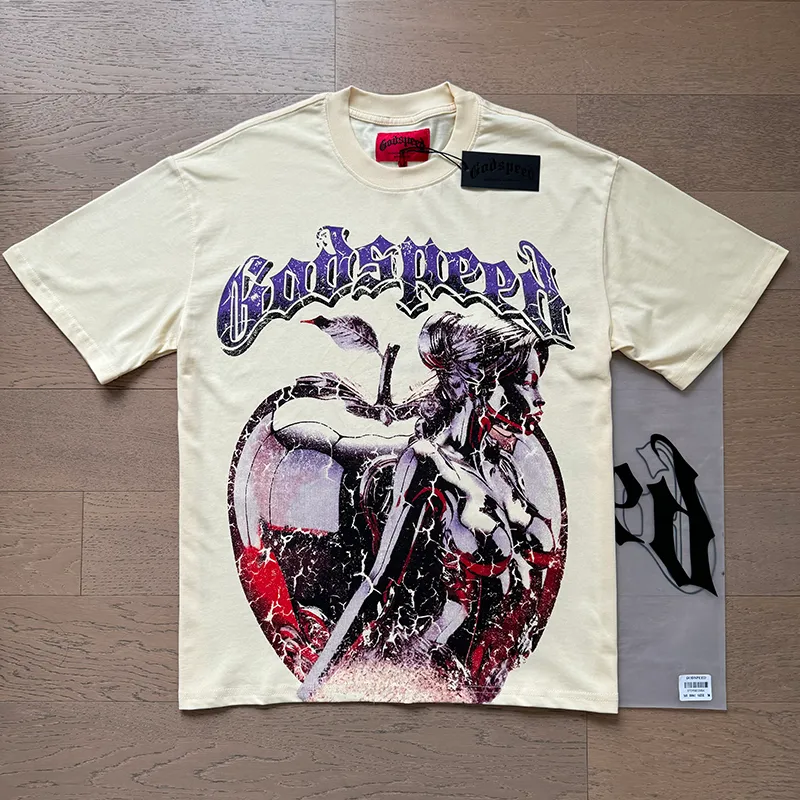 3081# P110 Real shot Godspeed American fashion rock street retro loose printed cotton short sleeves Fabric: 240g 32 count fine cotton double yarn pure cotton Color: apricot Size: S M L XL