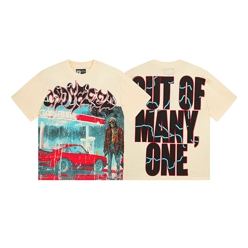 3031# P110 Real shot Godspeed American fashion rock street retro loose printed cotton short sleeves Fabric: 240g 32 count fine cotton double yarn pure cotton Color: apricot Size: S M L XL