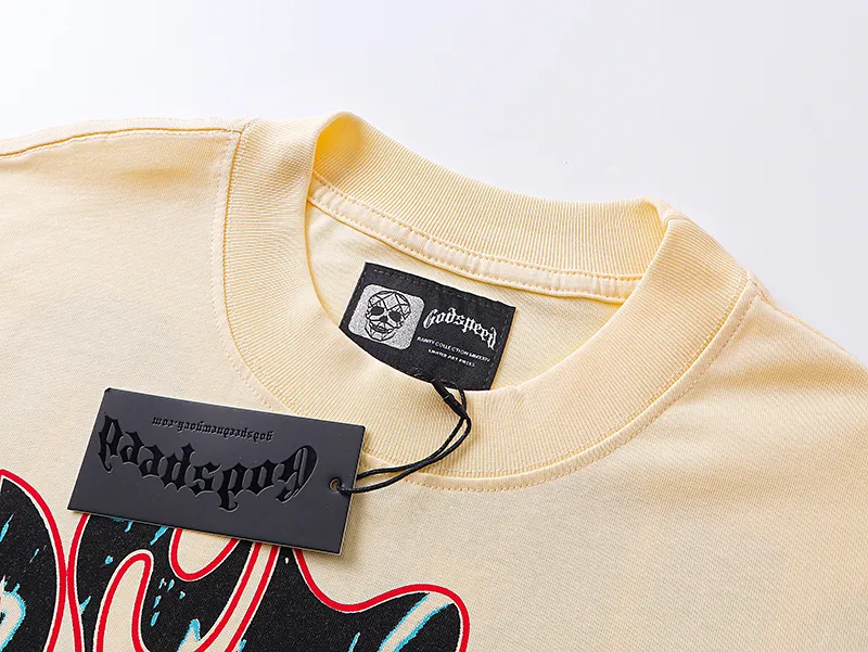 3031# P110 Real shot Godspeed American fashion rock street retro loose printed cotton short sleeves Fabric: 240g 32 count fine cotton double yarn pure cotton Color: apricot Size: S M L XL
