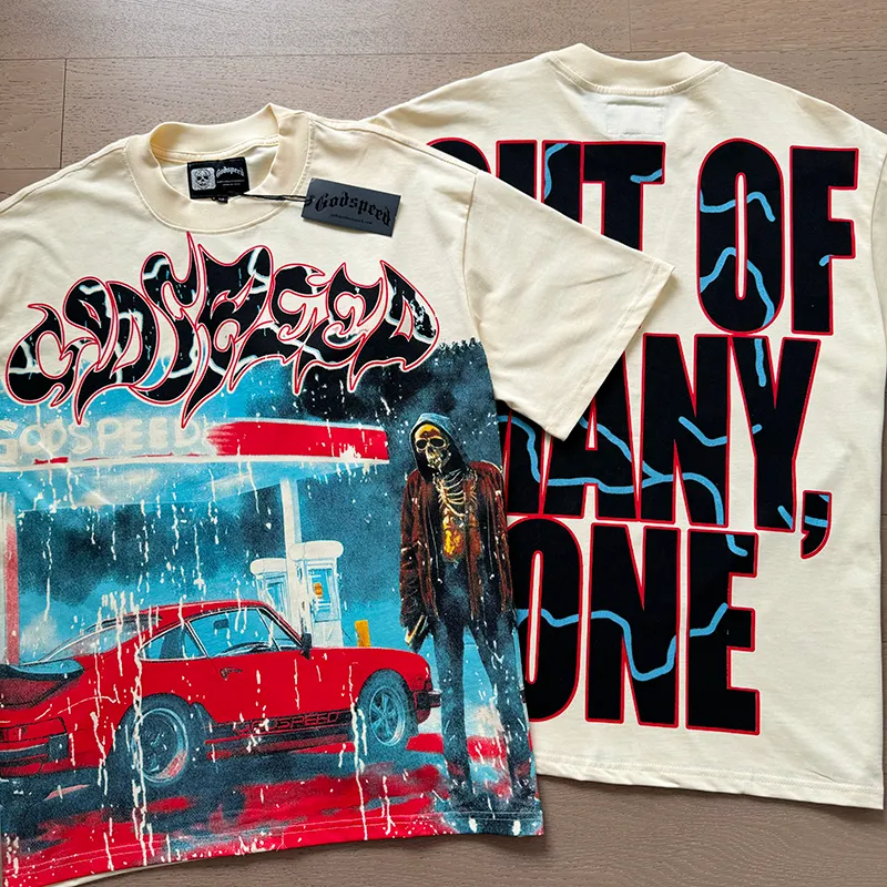 3031# P110 Real shot Godspeed American fashion rock street retro loose printed cotton short sleeves Fabric: 240g 32 count fine cotton double yarn pure cotton Color: apricot Size: S M L XL