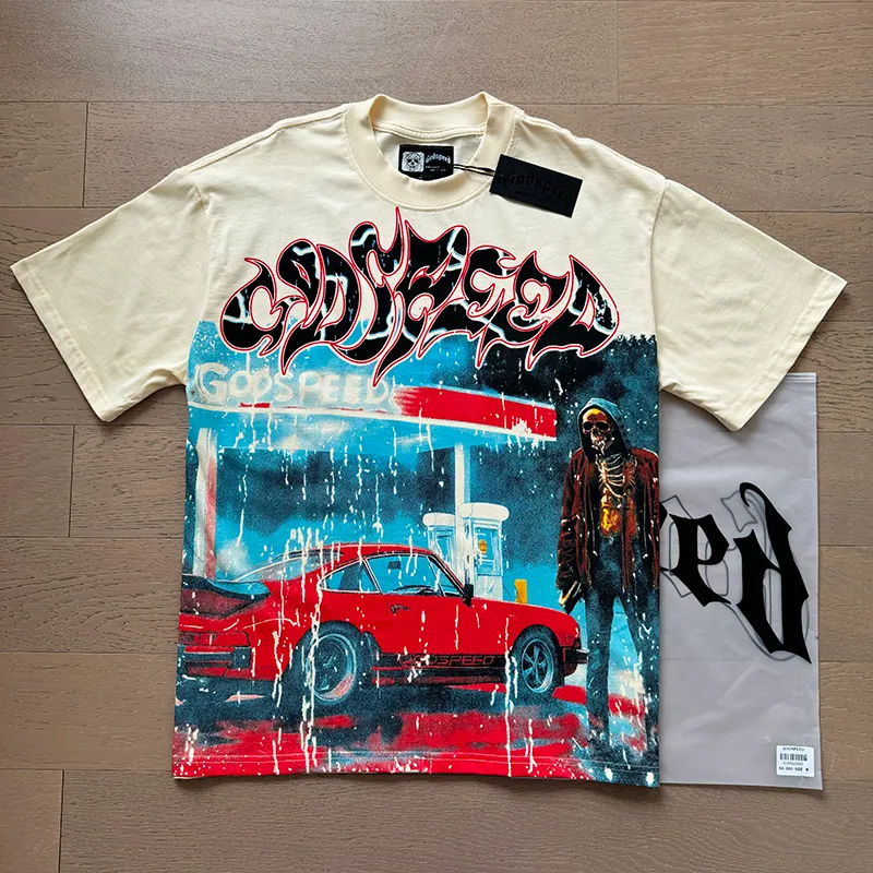 3031# P110 Real shot Godspeed American fashion rock street retro loose printed cotton short sleeves Fabric: 240g 32 count fine cotton double yarn pure cotton Color: apricot Size: S M L XL
