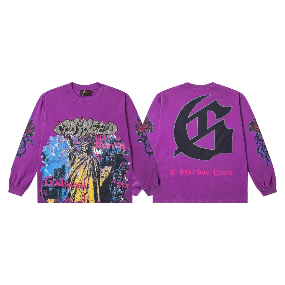 G45# GodSpeed ​​HD printed washed long sleeve S-XL size black (washed) P136 purple (washed) P136