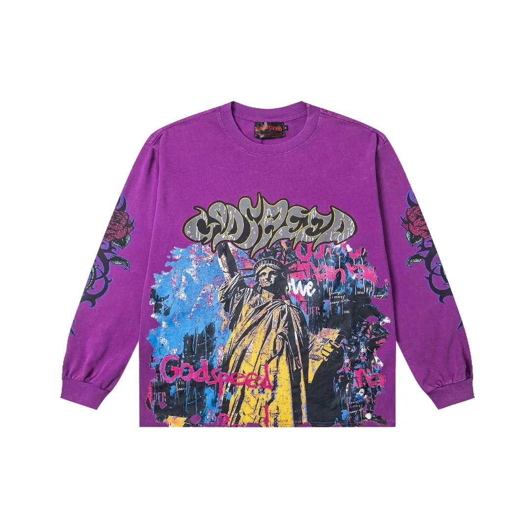 G45# GodSpeed ​​HD printed washed long sleeve S-XL size black (washed) P136 purple (washed) P136