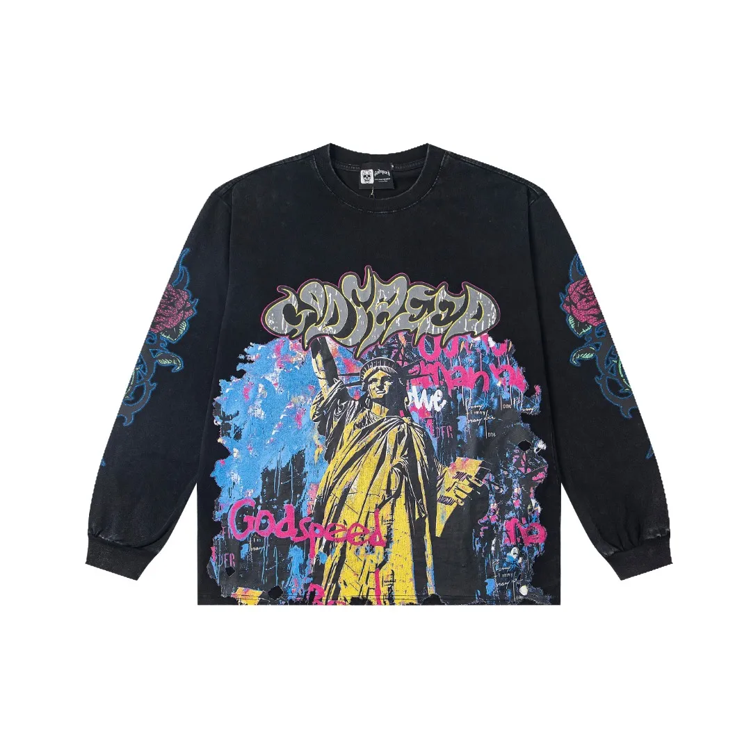 G45# GodSpeed ​​HD printed washed long sleeve S-XL size black (washed) P136 purple (washed) P136
