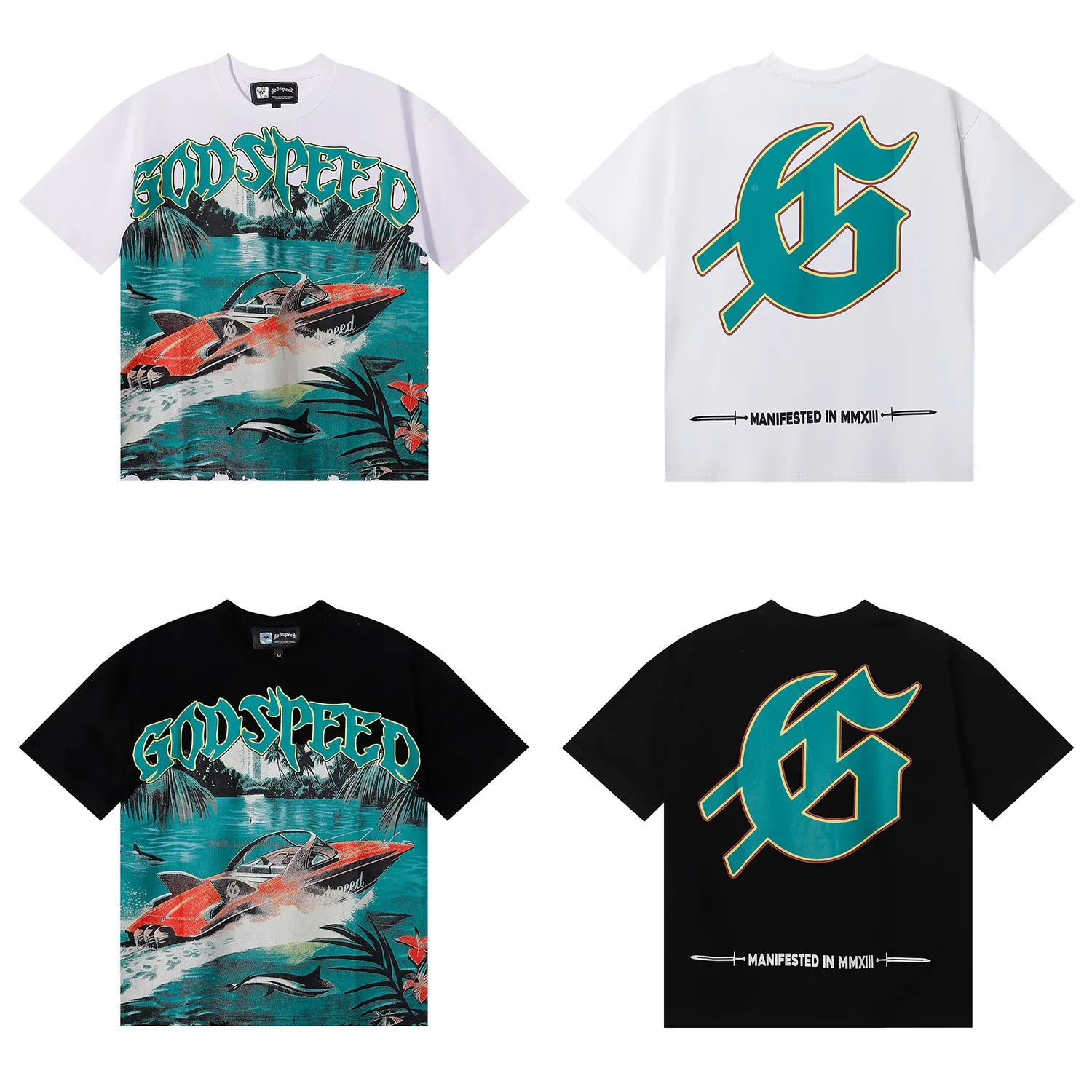 No. 7051, foreign trade beauty trend Godspeed speedboat shark small fresh color matching printed high-quality double yarn pure cotton round neck short-sleeved T-shirt batch 110 Color: black, white; Size: S M L XL