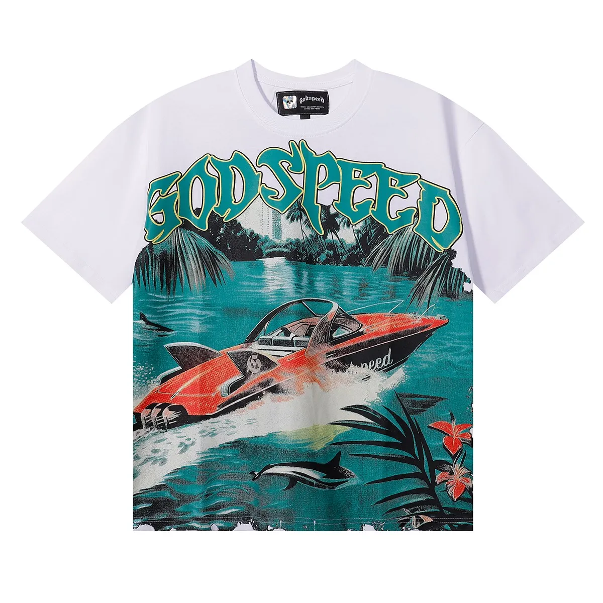 No. 7051, foreign trade beauty trend Godspeed speedboat shark small fresh color matching printed high-quality double yarn pure cotton round neck short-sleeved T-shirt batch 110 Color: black, white; Size: S M L XL