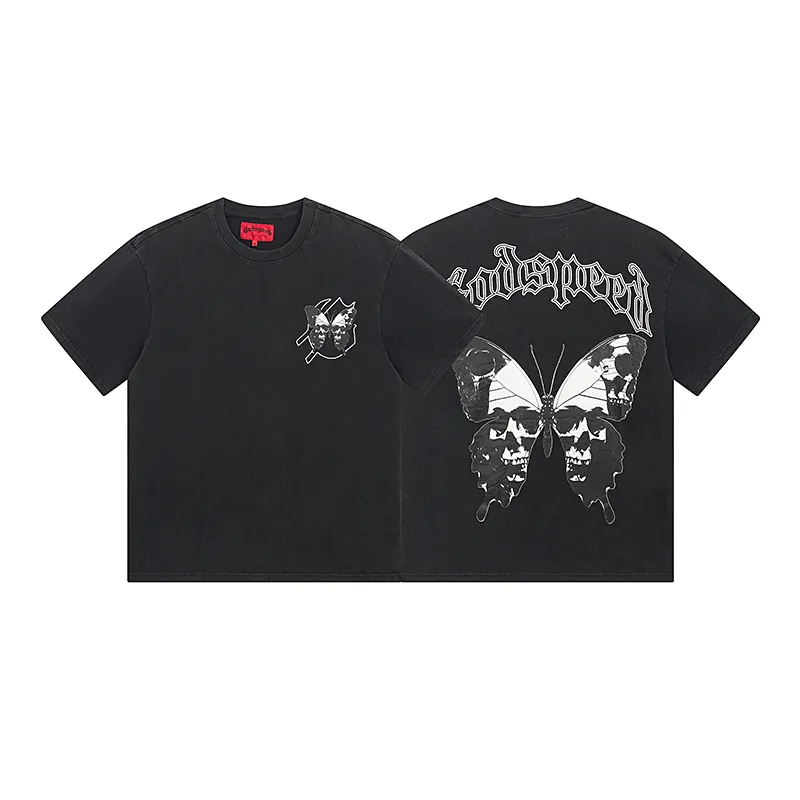 1026# P126 Washed Black Real Shot Godspeed American Fashion Rock Street Retro Washed Distressed Printed Cotton Short Sleeves Fabric: 250g 32 Count Fine Cotton Double Yarn Pure Cotton Color: Washed Black Size: S M L XL