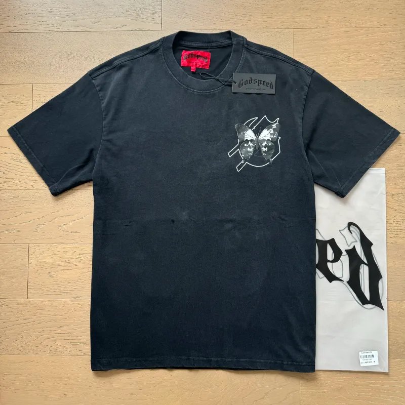 1026# P126 Washed Black Real Shot Godspeed American Fashion Rock Street Retro Washed Distressed Printed Cotton Short Sleeves Fabric: 250g 32 Count Fine Cotton Double Yarn Pure Cotton Color: Washed Black Size: S M L XL