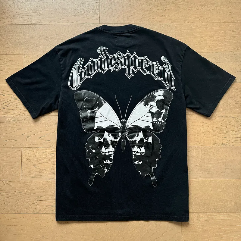 1026# P126 Washed Black Real Shot Godspeed American Fashion Rock Street Retro Washed Distressed Printed Cotton Short Sleeves Fabric: 250g 32 Count Fine Cotton Double Yarn Pure Cotton Color: Washed Black Size: S M L XL