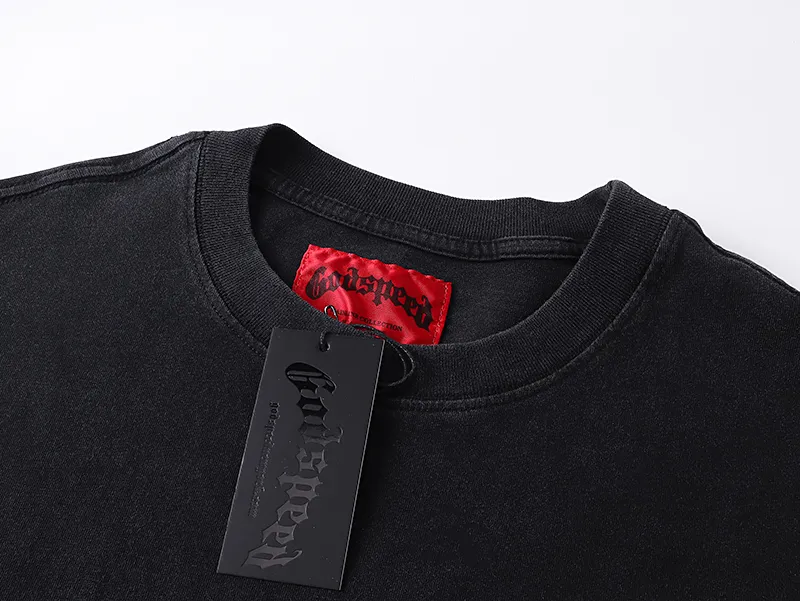 1026# P126 Washed Black Real Shot Godspeed American Fashion Rock Street Retro Washed Distressed Printed Cotton Short Sleeves Fabric: 250g 32 Count Fine Cotton Double Yarn Pure Cotton Color: Washed Black Size: S M L XL